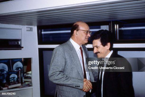 Prime Minister Bettino Craxi at the Italian socialist party congress with Massimo D'Alema, Rimini 1987.
