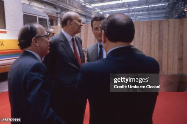 Politician Bettino Craxi is with Fedele Confalonieri , Bobo Craxi and Silvio Berlusconi at the Convention of the Italian Socialist Party in Milan...