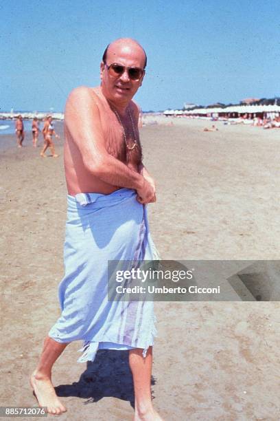 Italian politician Bettino Craxi at the beach in Hammamet, 1988.