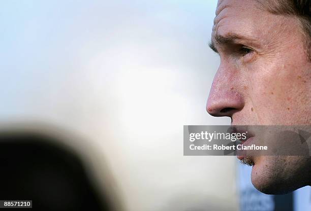 Josh Fraser of the Magpies talks to the media prior to a Collingwood Magpies AFL training session at Gosch's Paddock on June 19, 2009 in Melbourne,...