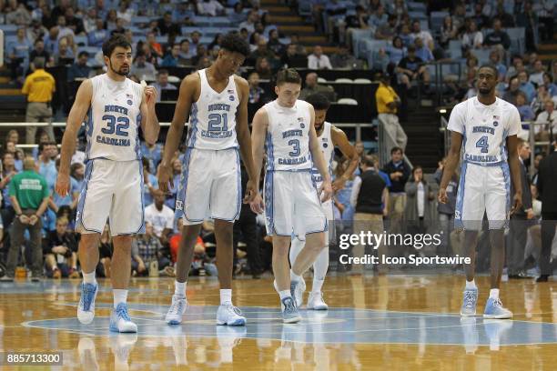 North Carolina Tar Heels forward Luke Maye , Tar Heels forward Sterling Manley , Tar Heels guard Andrew Platek and Tar Heels guard Brandon Robinson...