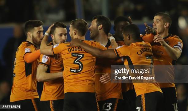 Leo Bonatini of Wolverhampton Wanderers celebrates after scoring their first goal during the Sky Bet Championship match between Birmingham City and...