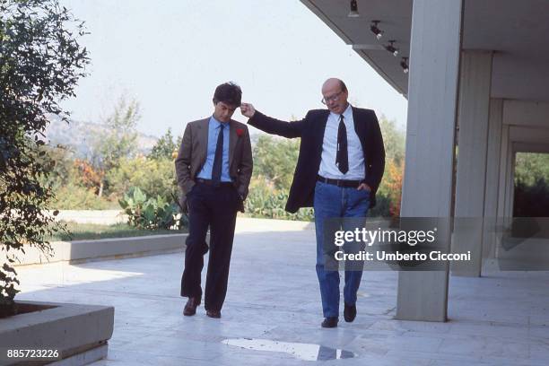 Italian politician Bettino Craxi jokes and pulls the ear of the politician Claudio Martelli when they are at Athens for the congress of Socialist...