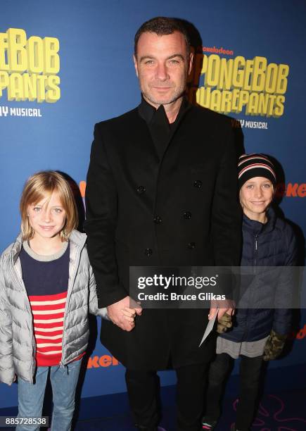 Liev Schreiber and sons pose at the opening night arrivals for the new musical "Spongebob Squarepants" on Broadway at The Palace Theatre on December...