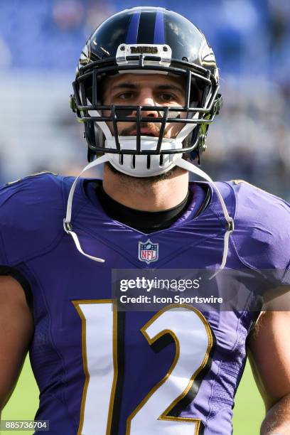 Baltimore Ravens wide receiver Michael Campanaro warms up on December 3 at M&T Bank Stadium in Baltimore, MD. The Baltimore Ravens defeated the...