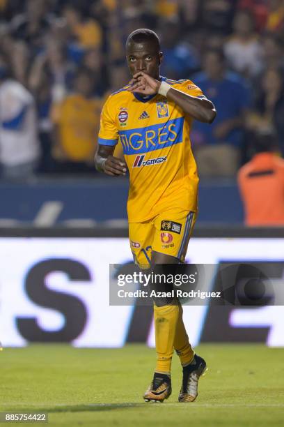 Enner Valencia of Tigres celebrates after scoring his team first goal during the semifinal second leg match between Tigres UANL and America as part...