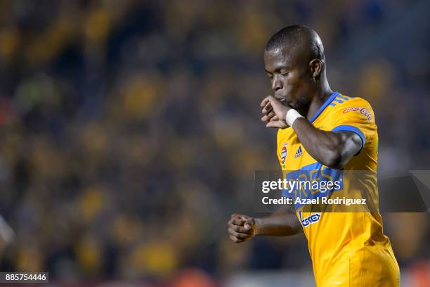 Enner Valencia of Tigres celebrates after scoring his team first goal during the semifinal second leg match between Tigres UANL and America as part...