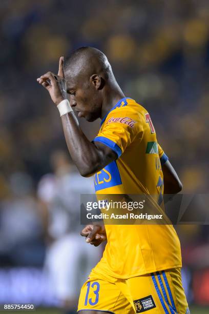 Enner Valencia of Tigres celebrates after scoring his team first goal during the semifinal second leg match between Tigres UANL and America as part...