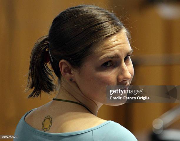 Amanda Knox attends a session of the Meredith Kercher murder trial at the Perugia courthouse on June 19, 2009 in Perugia, Italy. Amanda Knox and her...