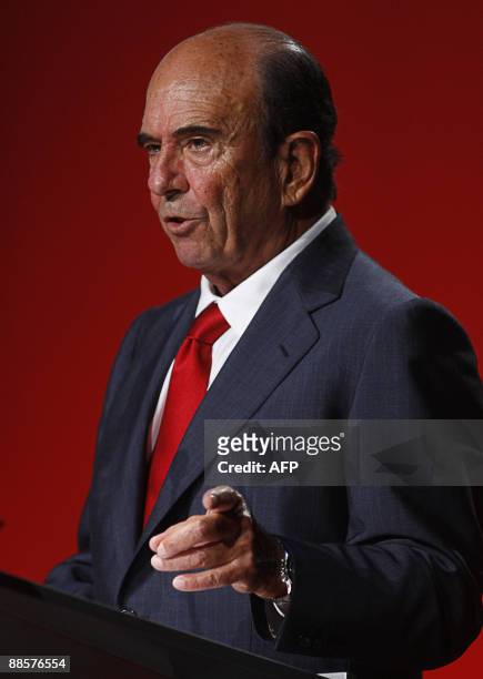 Spain's Banco Santander Chairman Emilio Botin gestures during the annual shareholders meeting in the northern Spanish city of Santander on June 19,...