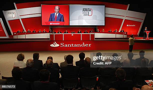 Spain's Banco Santander Chairman Emilio Botin speaks during the annual shareholders meeting in the northern Spanish city of Santander on June 19,...