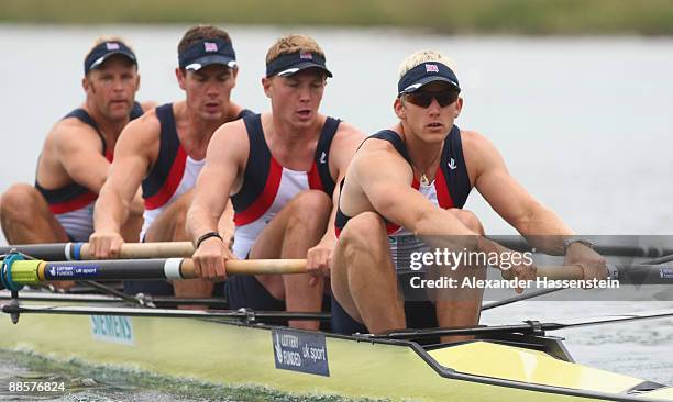 Matthew Langridge, Alex Gregory, Richard Egington and Alex Partridge of Great Britain compete in the Men's Four heat during day 2 of the FISA Rowing...