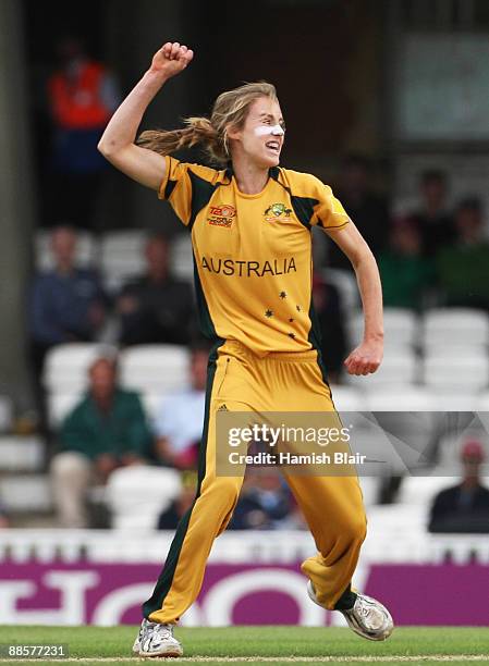 Ellyse Perry of Australia celebrates the wicket of Charlotte Edwards of England during the ICC Women's World Twenty20 Semi Final between England and...