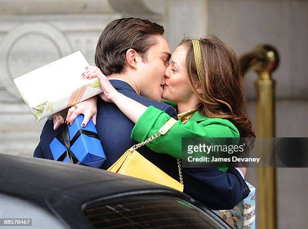 Ed Westwick and Leighton Meester films on location for "Gossip Girl" on the streets of Manhattan on March 16, 2009 in New York City.
