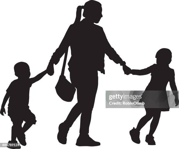 mother walking with son and daughter - ponytail stock illustrations