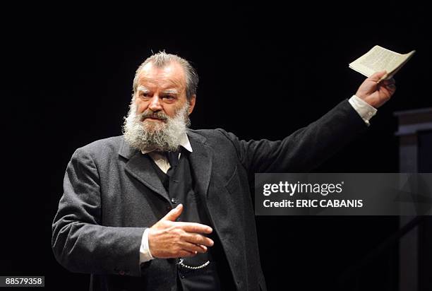 Belgian comedian and director Jean-Claude Drouot plays French third republic socialist leader Jean Jaures on June 19, 2009 during a rehearsal of "La...