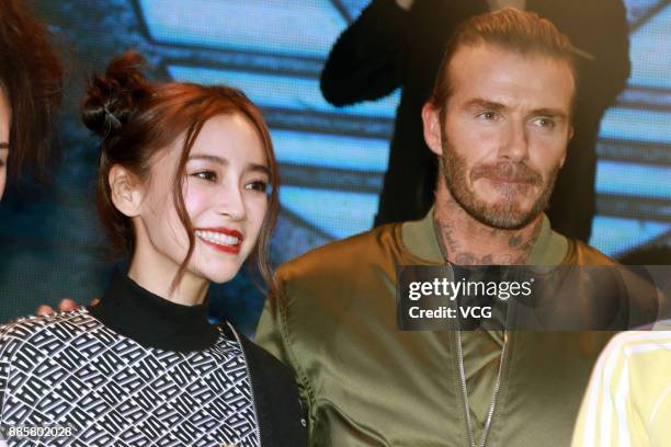 Former footballer David Beckham and actress Angelababy attend Adidas Originals event on December 4, 2017 in Shanghai, China.