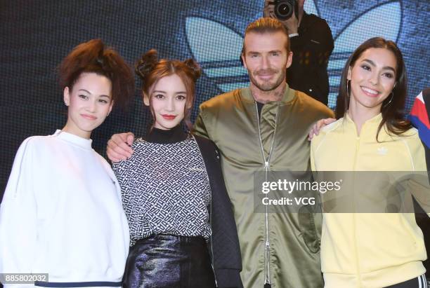 Model and actress Kiko Mizuhara, actress Angelababy, former footballer David Beckham and model Adrianne Ho attend Adidas Originals event on December...