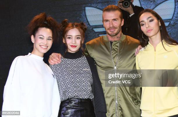Model and actress Kiko Mizuhara, actress Angelababy, former footballer David Beckham and model Adrianne Ho attend Adidas Originals event on December...