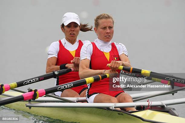 Evi Jens Geent and Jo Hammond of Belgian compete in the Women's Lightweight Doubles Sculls heat during day 2 of the FISA Rowing World Cup at the...