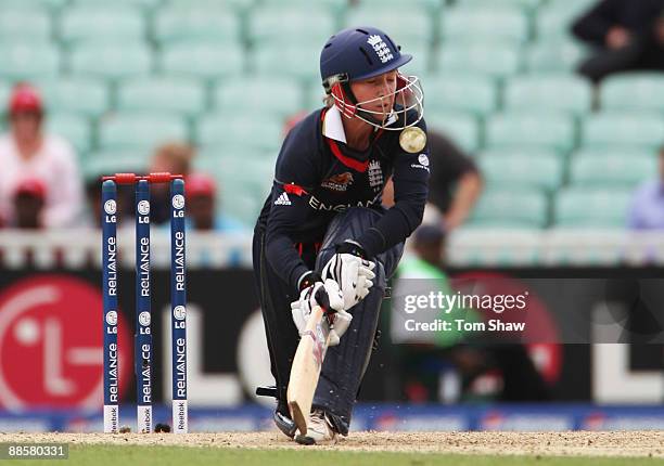 Beth Morgan of England is struck on the helmet during the ICC Women's World Twenty20 Semi Final between England and Australia at the Brit Oval on...