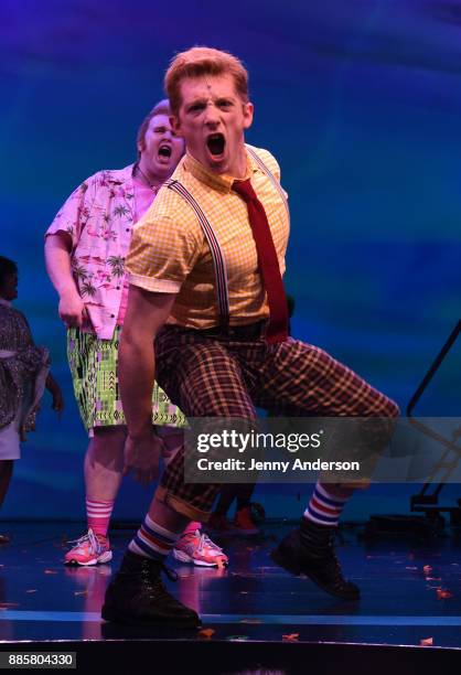 Ethan Slater poses onstage during opening night of Nickelodeon's SpongeBob SquarePants: The Broadway Musical at Palace Theatre on December 4, 2017 in...