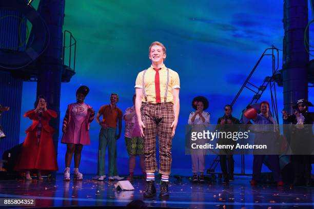 Ethan Slater poses onstage during opening night of Nickelodeon's SpongeBob SquarePants: The Broadway Musical at Palace Theatre on December 4, 2017 in...