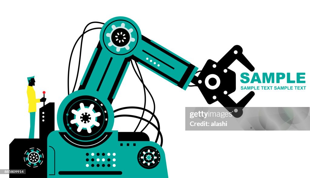 Engineer (Businessman) using joystick to operate robotic arm, side view, Partnership, Artificial intelligence to benefit people and society