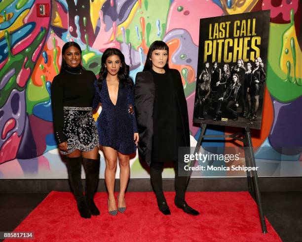 The cast of "Pitch Perfect 3" Ester Dean, Chrissie Fit and Hana Mae Lee attend the GrammyU screening and Q+A moderated by Angie Martinez on December...