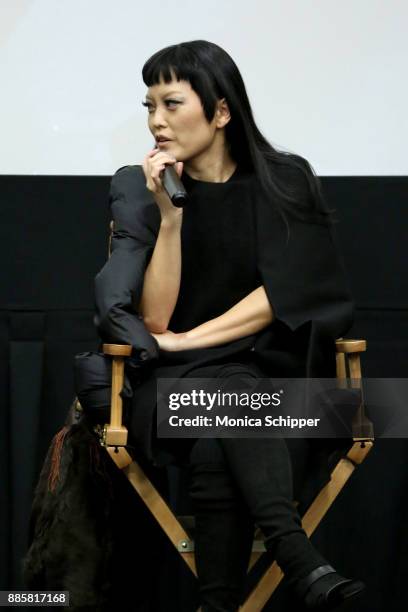 Pitch Perfect 3" actress Hana Mae Lee speaks onstage during the GrammyU screening and Q+A moderated by Angie Martinez on December 4, 2017 in New York...