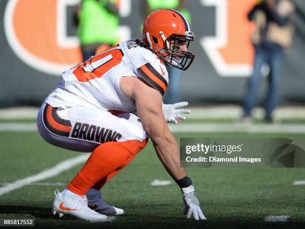 Fullback Danny Vitale of the Cleveland Browns awaits the snap from his position in the first quarter of a game on November 26, 2017 against the...