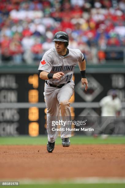 Shortstop Marco Scutaro of the Toronto Blue Jays runs to third base during a game against the Philadelphia Phillies at Citizens Bank Park on June 18,...