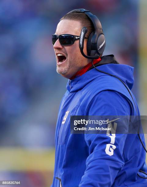 Head coach Ben McAdoo of the New York Giants reacts during a game against the Kansas City Chiefs on November 19, 2017 at MetLife Stadium in East...