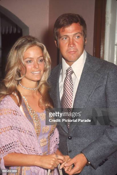 Married American actors Farrah Fawcett and Lee Majors pose together as they attend a party for ABC-TV screen celebrities, June 1971.