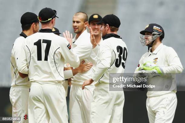 Ashton Agar of Western Australia celebrates the wicket of Seb Gotch of Victoria during day three of the Sheffield Shield match between Victoria and...