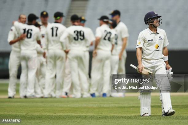 Seb Gotch of Victoria looks dejected after fallling two runs short of a century during day three of the Sheffield Shield match between Victoria and...