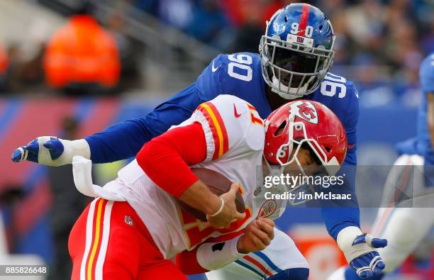 Jason Pierre-Paul of the New York Giants in action against Alex Smith of the Kansas City Chiefs on November 19, 2017 at MetLife Stadium in East...