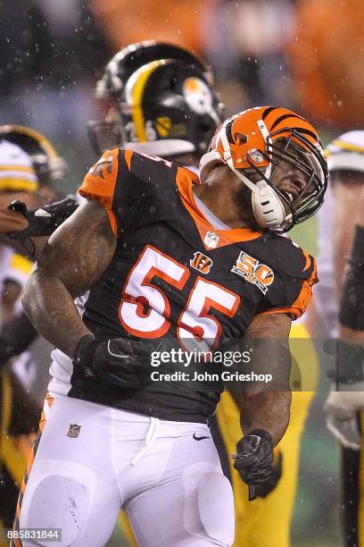 Vontaze Burfict of the Cincinnati Bengals reacts against the Pittsburgh Steelers during the second half at Paul Brown Stadium on December 4, 2017 in...