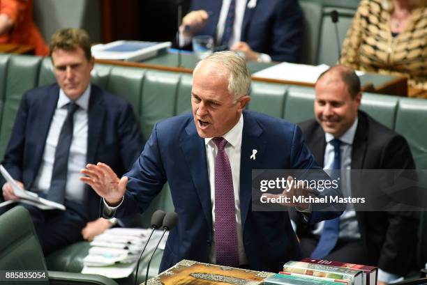 The Prime Minister, Malcolm Turnbull, answers a question during Question Time in House of Representatives at Parliament House on December 5, 2017 in...