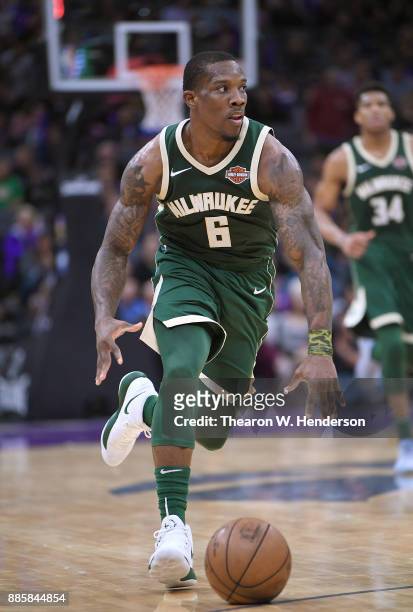 Eric Bledsoe of the Milwaukee Bucks dribbles the ball up court against the Sacramento Kings during their NBA basketball game at Golden 1 Center on...