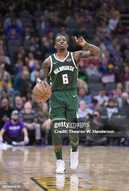 Eric Bledsoe of the Milwaukee Bucks dribbles the ball up court against the Sacramento Kings during their NBA basketball game at Golden 1 Center on...