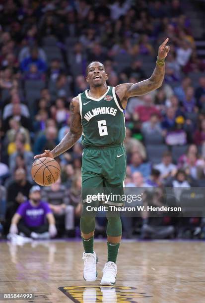 Eric Bledsoe of the Milwaukee Bucks dribbles the ball up court against the Sacramento Kings during their NBA basketball game at Golden 1 Center on...