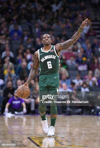 Eric Bledsoe of the Milwaukee Bucks dribbles the ball up court against the Sacramento Kings during their NBA basketball game at Golden 1 Center on...