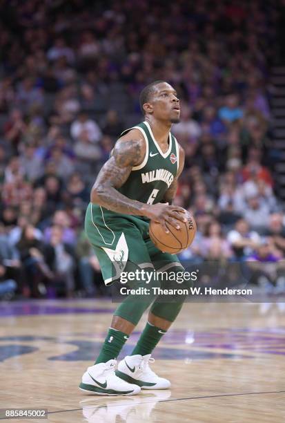 Eric Bledsoe of the Milwaukee Bucks looks to pass the ball against the Sacramento Kings during their NBA basketball game at Golden 1 Center on...