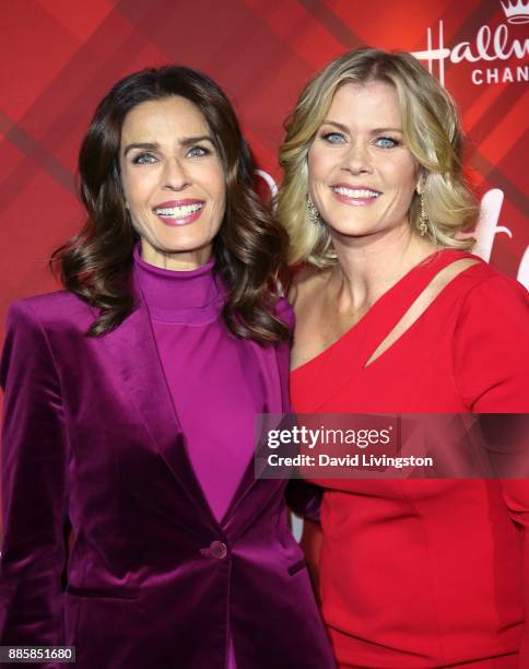 Actresses Kristian Alfonso and Alison Sweeney attend a screening of Hallmark Channel's "Christmas at Holly Lodge" at The Grove on December 4, 2017 in...