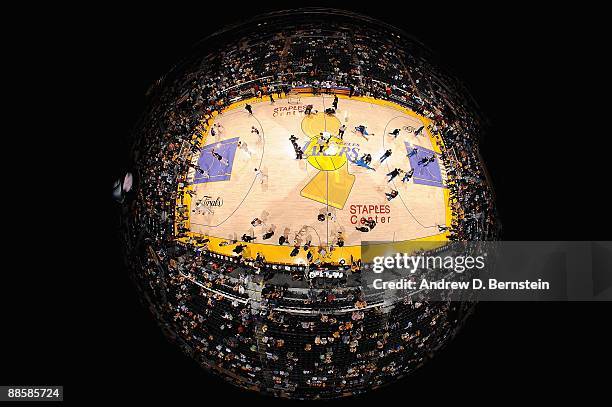 The Orlando Magic and the Los Angeles Lakers warm up before Game Two of the 2009 NBA Finals at Staples Center on June 7, 2009 in Los Angeles,...