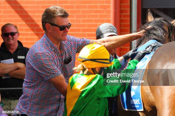 Chaff Bandit ridden by Brooke Sweeney returns to the mounting yard after winning the North East Temporary Fence Hire BM58 Handicap on December 05,...