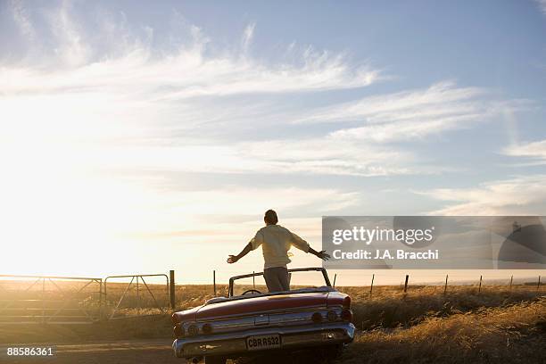 man standing in convertible in countryside - car sunset arm stock pictures, royalty-free photos & images