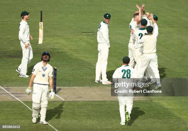 Jackson Bird of Tasmania celebrates taking the wicket of Dniel Hughes of NSW during day three of the Sheffield Shield match between New South Wales...