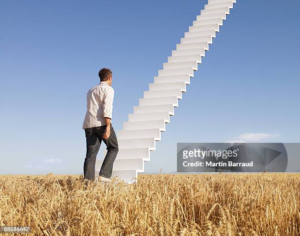 man ascending stairway to sky in field - durbanville stock pictures, royalty-free photos & images